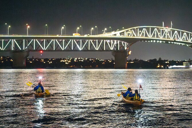 Auckland City Lights Night Kayaking Tour - Paddling past Westhaven Marina at sunset