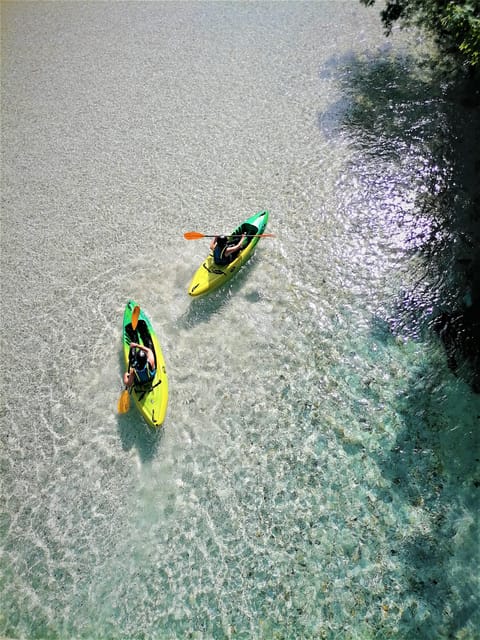 Bovec: Iconic Sit-on-Top Kayak Tour on Soča River +FREEphoto - Paddling from Cezsoca Bridge toward Hotel Boka