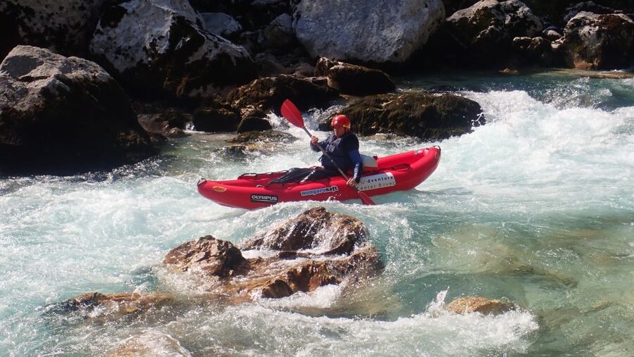 From Bovec: Whitewater kayaking on the Soča River - A possible bridge jump and the photo option