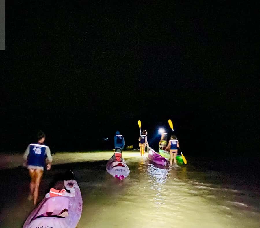 Holbox: Bioluminescence by Kayak and Stargazing. - Walking across a glowing sandbar