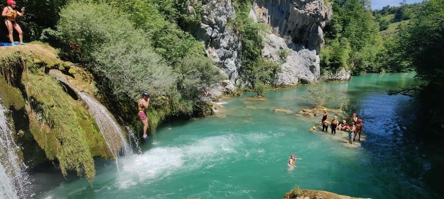 Kayaking Mreznica Waterfalls in Natural Monument - Swimming stops in clear emerald pools