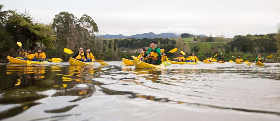 Lake Karapiro: Evening Kayak Glowworm Tour - Crossing the submerged Horahora site