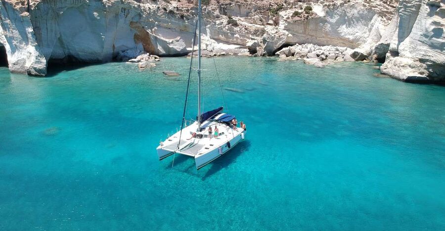 Milos: Full-Day Catamaran Cruise with Paddle Board - Kalogries Bay: the first swim