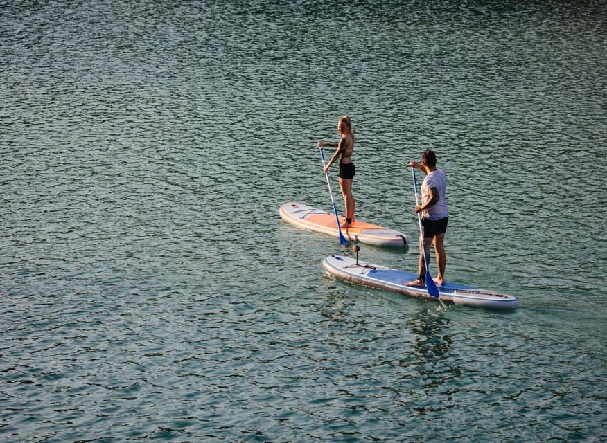 SUP Safari - Catamaran Cruise Dia Island & Gourmet Delights! - Learning SUP with Thanasis